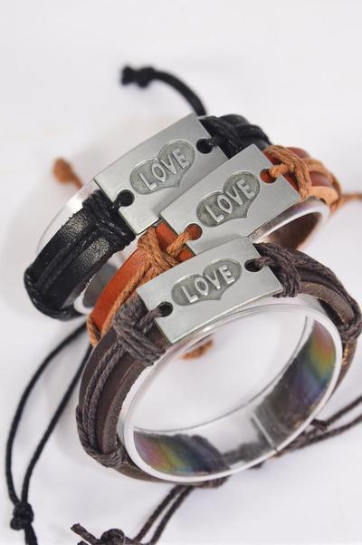 Bracelet Real Leather Band Love Silver / 12 pcs = Dozen  Unisex , Adjustable , 4 of each pattern Asst , Individual Hang tag & OPP Bag & UPC Code