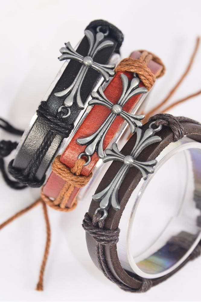 Bracelet Real Leather Band Cross Silver / 12 pcs = Dozen Unisex