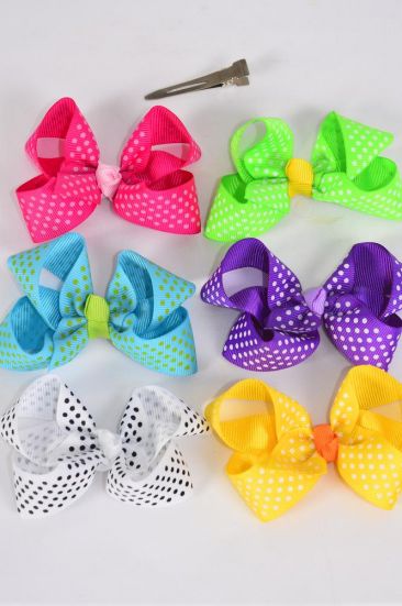 Hair Bow Mini Polka Dots Grosgrain Bow-tie Citrus / 12 pcs Bow = Dozen Alligator Clip , Size - 3" x 2" Wide , 2 of each Pattern Asst , Clip Strip & UPC Code