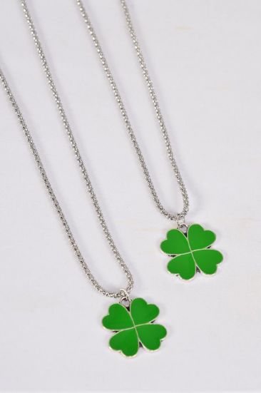 Necklace Silver Chain Clover / 12 pcs = Dozen match 25057 03177  Pendant - 1" Wide , 18" Extension Chain , Hang Tag & OPP Bag & UPC Code
