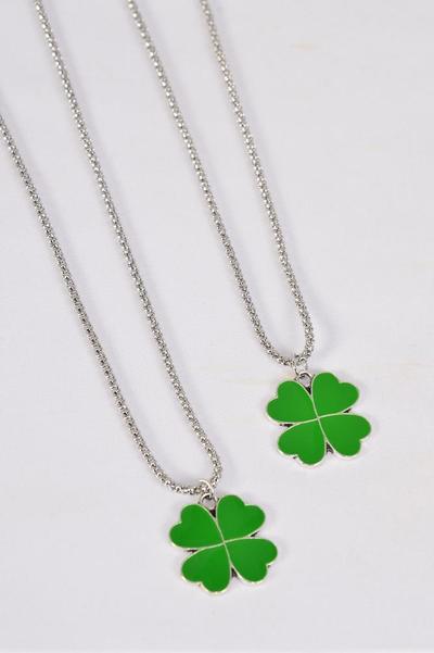 Necklace Silver Chain Clover / 12 pcs = Dozen match 25057 03177  Pendant - 1" Wide , 18" Extension Chain , Hang Tag & OPP Bag & UPC Code