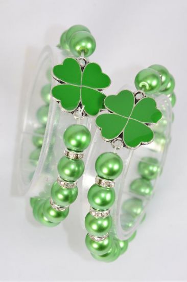 Bracelet Clover Epoxy 10 mm Pearl & Rhinestone Bezel Stretch /  12 pcs = Dozen Match 03177  Stretch , Hang Tag & OPP Bag & UPC Code