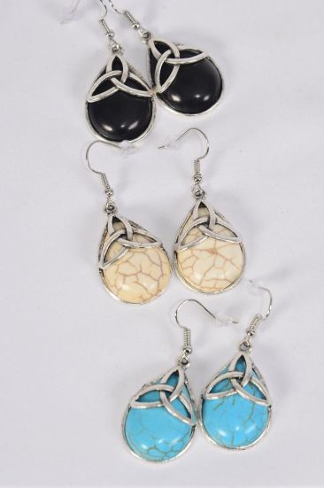 Earrings Teardrop Semiprecious Stone Trinity Celtic Knot / 12 pair = Dozen Fish Hook , Size - 1.25" x 1" Wide , 4 Black , 4 Ivory , 4 Turquoise Color Asst , Earring Card & OPP Bag & UPC Code