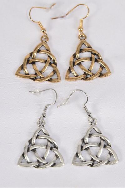Earrings Trinity Celtic Knot Clipart Triangle / 12 pair = Dozen Fish Hook , Size - 1.25" x 1" Wide , 6 Gold , 6 Silver Color Mix , Earring Card & OPP Bag & UPC Code