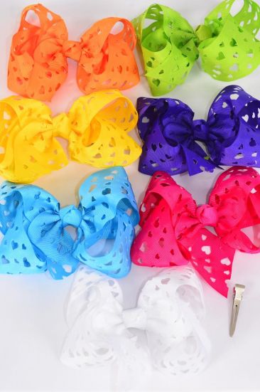 Hair Bow Jumbo Heart Grosgrain Bow-tie Citrus / 12 pcs Bow = Dozen Alligator Clip , Size - 6" x 5" Wide , 2 White , 2 Fuchsia , 2 Purple , 2 Yellow , 2 Blue , 1 Lime , 1 Orange Color Asst , Clip Strip & UPC Code