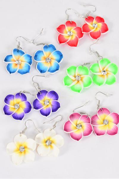 Earrings Paint Flowers Aloha Multi / 12 pair = Dozen Fish Hook , Flower Size - 1.25" Wild , 2 of Each Color Asst , Earring Card & Opp Bag & UPC Code