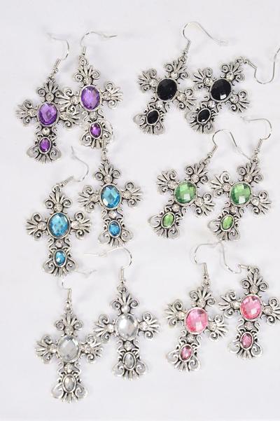 Earrings Metal Antique Cross Acrylic Multi / 12 pair = Dozen match 70123 Fish Hook , Size - 1.75" x 1.25" Wide , 2 of each Pattern Asst , Earring Card & OPP Bag & UPC Code