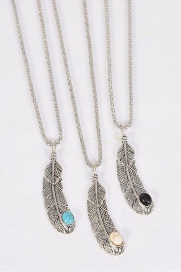 Necklace Silver Chain Feather Western Likke Semiprecious Stone / 12 pcs = Dozen Pendant -2" x 0.5" Wide , Chain-18" Extension Chain , 4 Ivory , 4 Black , 4 Turquoise Asst , Hang Tag & OPP Bag & UPC Code