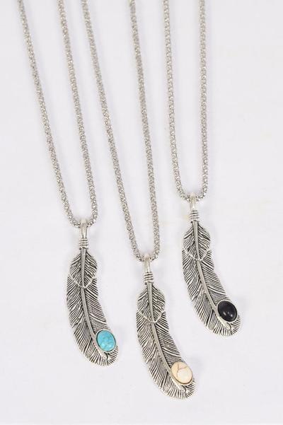 Necklace Silver Chain Feather Western Likke Semiprecious Stone / 12 pcs = Dozen Pendant -2" x 0.5" Wide , Chain-18" Extension Chain , 4 Ivory , 4 Black , 4 Turquoise Asst , Hang Tag & OPP Bag & UPC Code