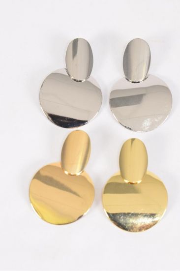 Earrings Metal Round Circle Dangle Gold Silver Mix / 12 pair = Dozen Post , Size - 2" x 1.5" Wide , 6 Gold , 6 Silver Mix , Earring Card & OPP Bag & UPC Code