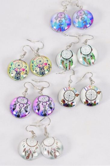 Earrings Dream Catcher Double Sided Glass Dome / 12 pair = Dozen Fish Hook , Size - 0.75" Wide , 2 of each Pattern Asst , Earring Card & OPP Bag & UPC Code