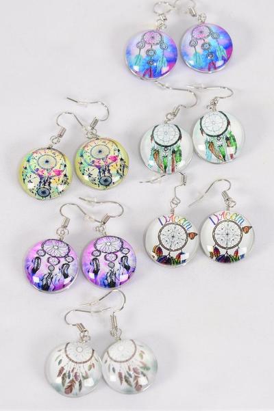 Earrings Dream Catcher Double Sided Glass Dome / 12 pair = Dozen Fish Hook , Size - 0.75" Wide , 2 of each Pattern Asst , Earring Card & OPP Bag & UPC Code