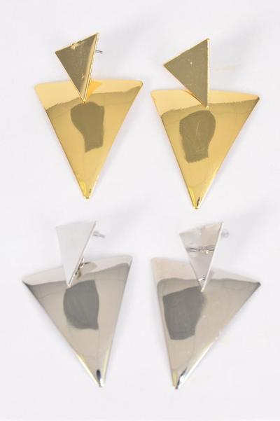 Earrings Metal Triangle Dangle Gold Silver Mix / 12 pair = Dozen Post , Size - 2.25" x 1.25" Wide , 6 Gold , 6 Silver Mix , Earring Card & OPP Bag & UPC Code