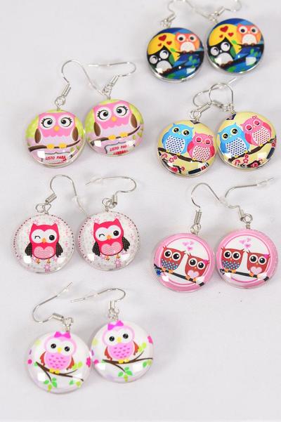 Earrings Owl Double Sided Glass Dome / 12 pair = Dozen  Fish Hook , Size-0.75" Wide , 2 of each Pattern Asst , Earring Card & OPP Bag & UPC Code