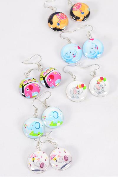 Earrings Cute Elephant Double Sided Glass Dome / 12 pair = Dozen match 70238 Fish Hook , Size - 0.75" Wide , 2 of each Pattern Asst , Earring Card & OPP Bag & UPC Code