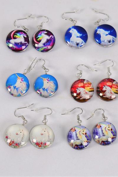 Earrings Unicorn Double Sided Glass Dome / 12 pair = Dozen   match 70105 Fish Hook , Size - 0.75" Wide , 2 of each Design Asst , Earring Card & OPP Bag & UPC Code