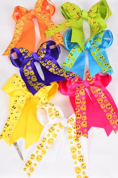 Hair Bow Jumbo Long Tail Double Layered Emoji Smiley Face Grosgrain Bow-tie Citrus / 12 pcs Bow = Dozen Alligator Clip , Size - 6.5" x 6" Wide , 2 White , 2 Fuchsia , 2 Purple , 2 Yellow , 2 Blue , 1 Lime , 1 Orange Color Asst , Clip Strip & UPC Code