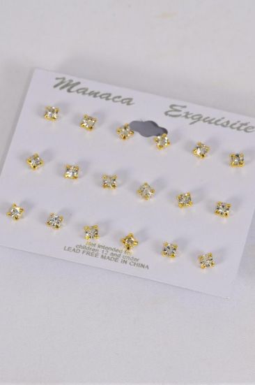 Earrings Gold 9 pair Clear Rhinestone Studs / 12 card = Dozen Post , 6 Gold , 6 Silver Asst , Earring Card & OPP Bag & UPC Code , 12 pair per Card,12 Card=Dozen