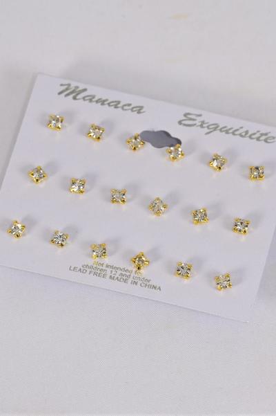 Earrings Gold 9 pair Clear Rhinestone Studs / 12 card = Dozen Post , 6 Gold , 6 Silver Asst , Earring Card & OPP Bag & UPC Code , 12 pair per Card,12 Card=Dozen