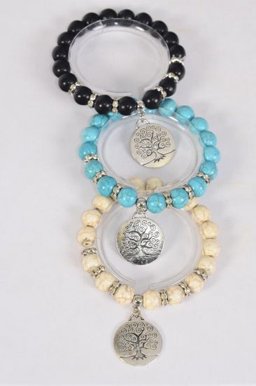 Bracelet 10 mm Semiprecious Stone Silver Tree of Life Charm / 12 pcs  = Dozen Stretch , 4 Black , 4 Ivory , 4 Turquoise Asst , Hang Tag & OPP Bag & UPC Code