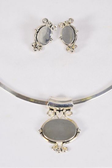 Necklace Sets Choker Luggage Tag Pendant Silver Post/ Sets Silver , Post , 16" Choker , Flexible , Display Card & OPP bag & UPC Code