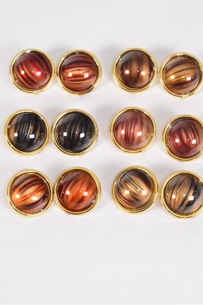 Earrings Acrylic Fall Round Stripe / 12 pair = Dozen  Post , Size - 1" Wide , 2 of each Color Asst , Earring Card & Opp Bag & UPC Code