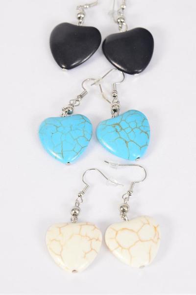 Earrings Heart Semiprecious Stone / 12 pair = Dozen Match 70148 25666 Fish Hook , Size - 1.25" x 1" Wide , 4 Black, 4 Ivory , 4 Turquoise Asst , Earring Card & OPP Bag & UPC Code