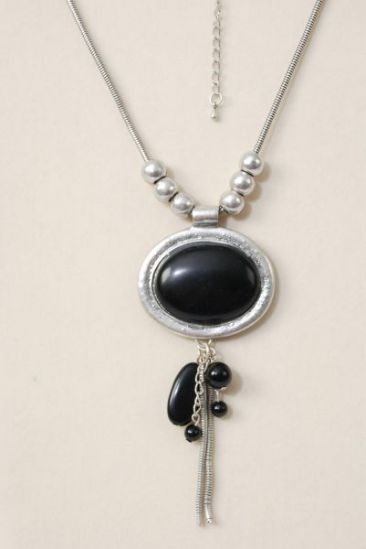 Necklace Silver Thick Snake Chain Real Semiprecious Stone Pendant Black / PC Black , 24" Long Extension Chain , Hang tag & Opp Bag & UPC Code