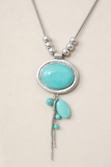 Necklace Silver Thick Snake Chain Real Semiprecious Stone Pendant / PC Blue Turquoise , 24" Long Extension Chain , Hang tag & Opp Bag & UPC Code