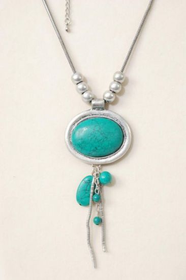 Necklace Silver Thick Snake Chan Real Semiprecious Stone Pendant / PC Green Turquoise , 24" Long Extension Chain , Hang Tag & Opp Bag & UPC Code