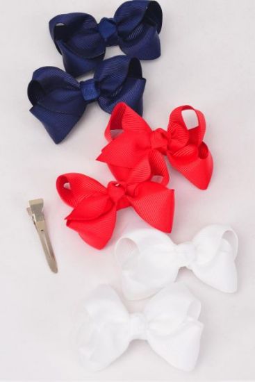 Hair Bow 24 pcs Red White Navy Mix Grosgrain Bow-tie/DZ **Red White Navy Mix**Alligator Clip,Size-3 x 2",4 Red,4 White,4 Navy Color Asst,Clip Strip & UPC Code,12 pair= Dozen