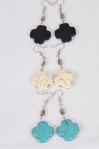 Earrings Cross Hand Craved Real Semiprecious Stone / 12 pair = Dozen Fish Hook , Size - 1.75" x 1" Wide , 4 Black , 4 Ivory , 4 Turquoise Asst , Earring Card & OPP Bag & UPC Code 