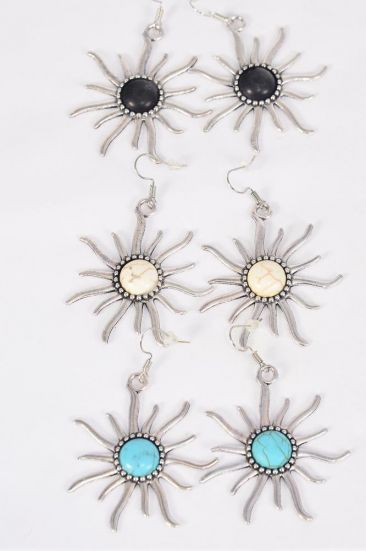 Earrings Metal Antique Sun Western Like Semiprecious Stone / 12 pair = Dozen Match 70312 Fish Hook , Size - 1.75" x 1.25" Wide , 4 Black , 4 Ivory , 4 Turquoise Asst , Earring Card & OPP Bag & UPC Code
