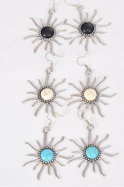 Earrings Metal Antique Sun Western Like Semiprecious Stone / 12 pair = Dozen Match 70312 Fish Hook , Size - 1.75" x 1.25" Wide , 4 Black , 4 Ivory , 4 Turquoise Asst , Earring Card & OPP Bag & UPC Code