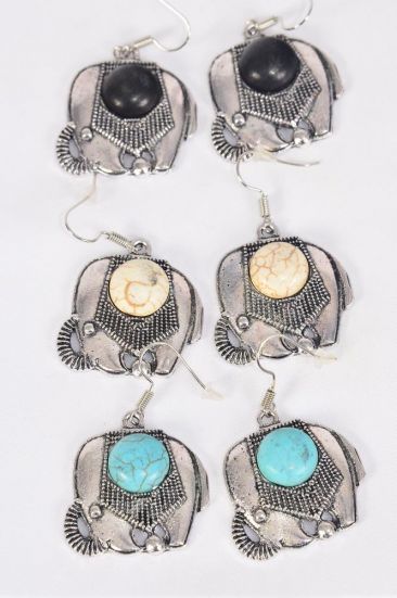 Earrings Metal Antique Elephant Semiprecious Stone / 12 pair = Dozen  Fish Hook , Size - 1" x 1" Wide , 4 Black , 4 Ivory , 4 Turquoise Asst , Earring Card & OPP Bag & UPC Code
