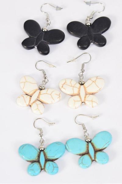 Earrings Butterfly Hand Carved Double Sided Real Semiprecious Stone / 12 pair = Dozen    Fish Hook , Size - 1.25" x 1" Wide , 4 Black , 4 Ivory , 4 Turquoise Asst , Earring Card & OPP Bag & UPC Code