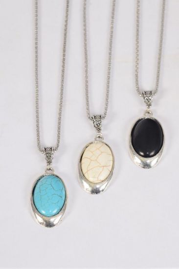 Necklace Silver Chain Metal Oval Antique Round Semiprecious Stone / 12 pair = Dozen match 02970 Pendant - 1.75" x 1.25" Wide , Chain - 18" Extension Chain , 4 Ivory , 4 Black , 4 Turquoise Asst , Hang Tag & OPP Bag & UPC Code