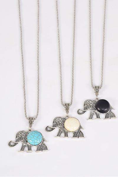 Necklace Silver Chain Elephant Semiprecious / 12 pcs = Dozen match 02971 Pendant - 1" x 1.75" Wide , Chain - 18" Extension Chain , 4 Ivory , 4 Black , 4 Turquoise Asst , Hang Tag & OPP Bag & UPC Code