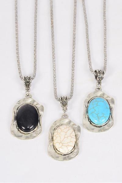 Necklace Silver Chain Metal Oval Antique Round Semiprecious Stone / 12 pcs = Dozen Pendant - 1.5" x 1" Wide , Chain - 18" Extension Chain , 4 Ivory , 4 Black , 4 Turquois Asst, hang Tag & OPP Bag & UPC Code