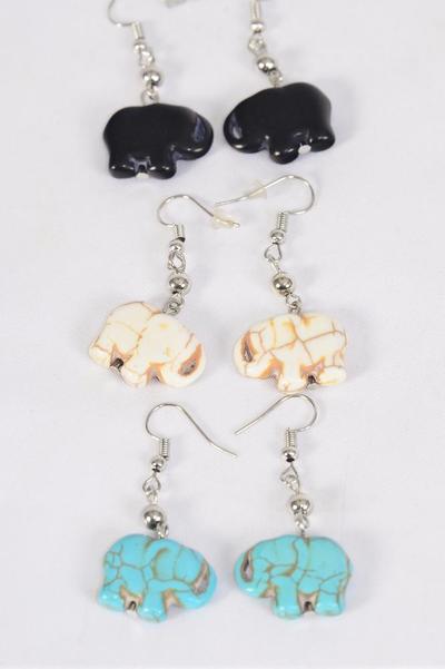 Earrings Elephants All Hand Carved Real Semiprecious Stone / 12 pair = Dozen  match 70158 Fish Hook , Size - 1" x 0.75" Wide , 4 Black , 4 Ivory , 4 Turquoise Asst , Earring Card & OPP Bag & UPC Code