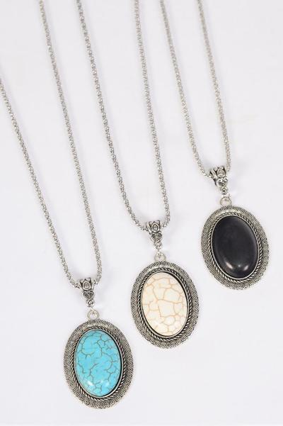 Necklace Silver Chain Metal Antique Oval Semiprecious Stone / 12 pcs = Dozen  match 26098 Pendant - 1.75" x 1.25" Wide , Chain-18" Extension Chain , 4 Ivory , 4 Black , 4 Turquoise Asst , Hang Tag & OPP Bag & UPC Code