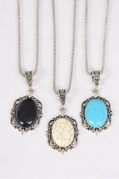 Necklace Silver Chain Metal Oval Antique Semiprecious Stone / 12 pcs = Dozen Pendant - 1.5" x 1" Wide , Chain -18" Extension Chain , 4 Ivory , 4 Black , 4 Turquoise Asst , Hang Tag & OPP Bag & UPC Code