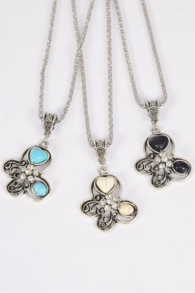 Necklace Silver Chain Metal Butterfly Antique Semiprecious Stone / 12 pcs = Dozen match 03092 Pendant Size - 1.25" x 1" Wide , Chain -18" Extension Chain , 4 Ivory , 4 Black , 4 Turquoise Asst , Hang Tag & OPP Bag & UPC Code