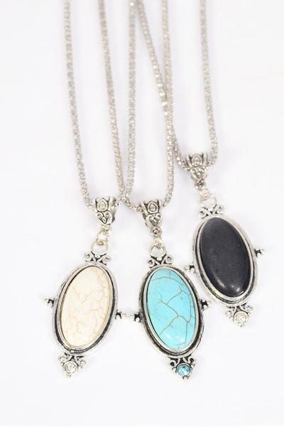 Necklace Silver Chain Oval Semiprecious / 12 pcs = Dozen match 02675 Pendant - 1.5" x 1" Wide , Chain - 18" Extension Chain , 4 Ivory , 4 Black , 4 Turquoise Color Asst , Hang Tag & OPP Bag & UPC Code