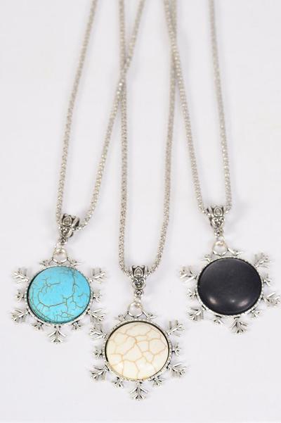 Necklace Silver Chain Metal Antique Snowflake Semiprecious Stone / 12 pcs = Dozen Pendant - 1.75" Wide , Chain - 18" Extension Chain , 4 Ivory , 4 Black , 4 Turquoise Asst , Hang Tag & OPP Bag & UPC Code