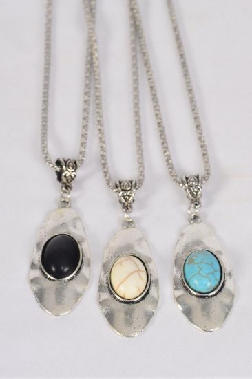Necklace Silver Chain Oval Metal Antique Oval Semiprecious Stone / 12 pcs = Dozen Pendant - 2" x 1" Wide , Chain-18" Extension Chain , 4 Ivory , 4 Black , 4 Turquoise Color Asst , Hang Tag & OPP Bag & UPC Code