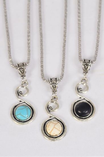 Necklace Silver Chain Metal Antique Swirl Semiprecious Stone / 12 pcs = Dozen  match 01084 Pendant - 1.5" x 1" Wide , Chain-18" Extension Chain , 4 Ivory , 4 Black , 4 Turquoise Asst , Hang Tag & OPP Bag & UPC Code