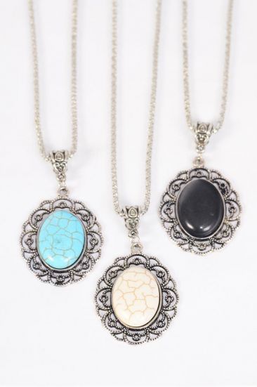 Necklace Silver Chain Metal Antique Oval Semiprecious Stone / 12 pcs = Dozen Pendant - 1.5" x 1.25" Wide , Chain-18" Extension Chain , 4 Ivory , 4 Black , 4 Turquoise Asst , Hang Tag & OPP Bag & UPC Code