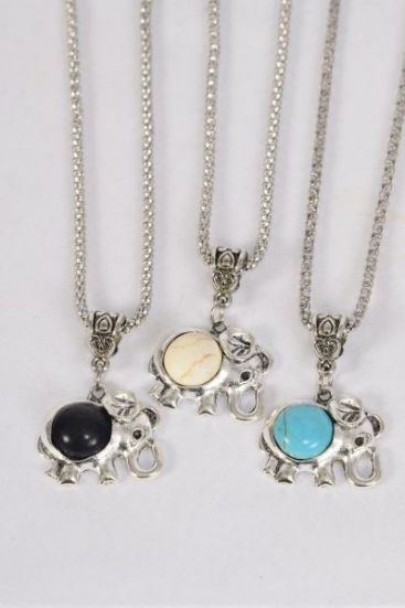 Necklace Silver Chain Elephant Semiprecious Stone / 12 pcs = Dozen  match 02668 Pendant-1"x 1" Wide , Chain-18" Extension Chain , 4 Ivory , 4 Black , 4 Turquoise Asst , Hang Tag & OPP Bag & UPC Code