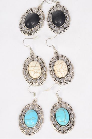 Earrings Metal Antique Oval Semiprecious Stone / 12 pair = Dozen Fish Hook , Size - 1.25" x 1" Wide , 4 Black , 4 Ivory , 4 Turquoise Asst , Earring Card & OPP Bag & UPC Code 